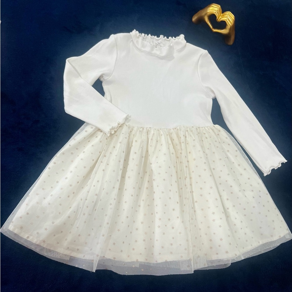 Baby Gap Girls Ivory Tulle Dress with Gold Star Print | Long Sleeve | Size 3T